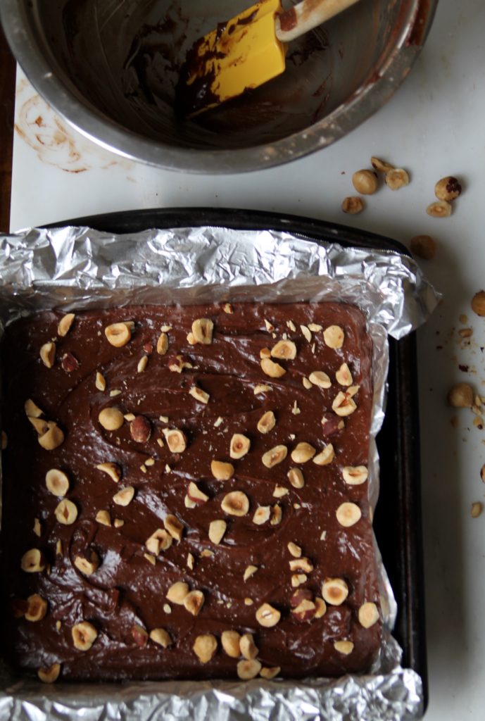 Flourless Double Chocolate Brownies with Roasted Hazelnuts