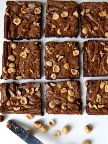 Flourless Double Chocolate Brownies with Roasted Hazelnuts