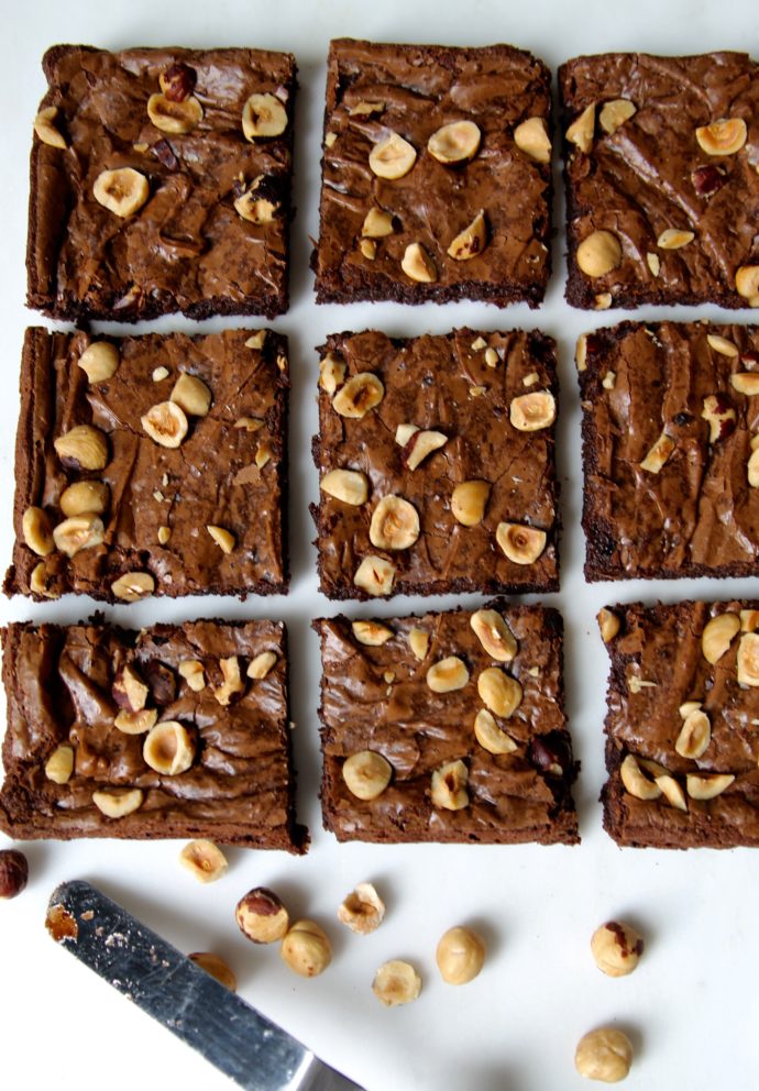 Flourless Double Chocolate Brownies with Roasted Hazelnuts