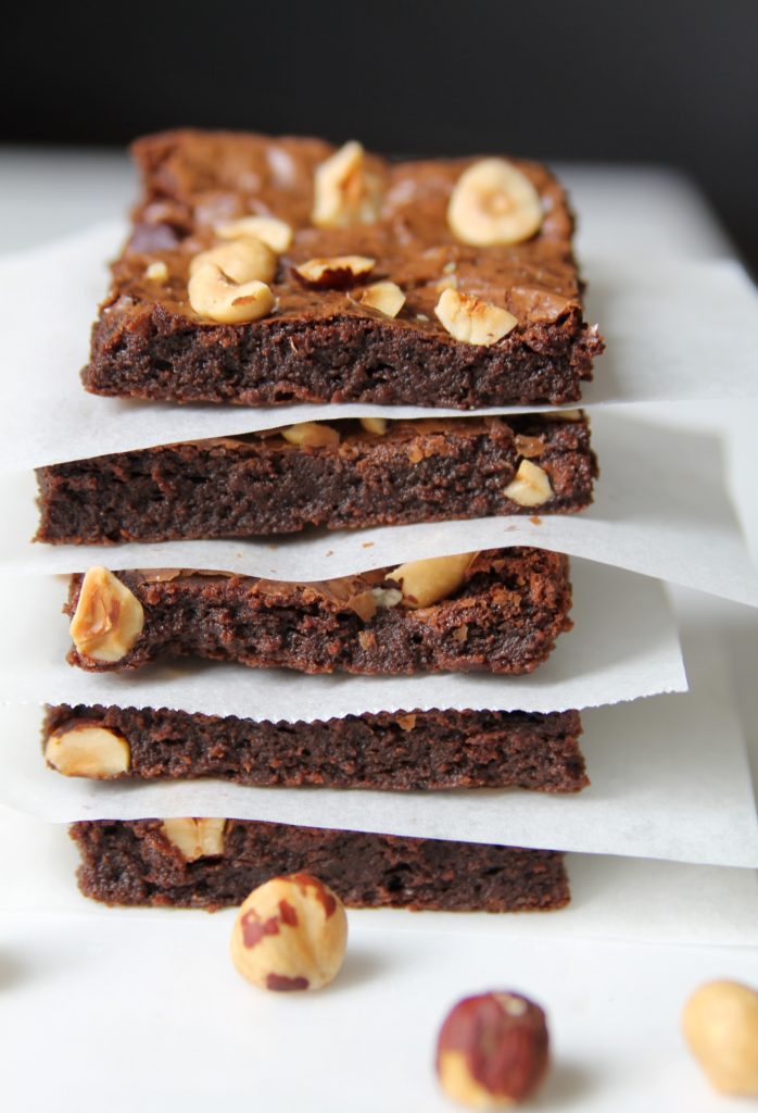 Flourless Double Chocolate Brownies with Roasted Hazelnuts