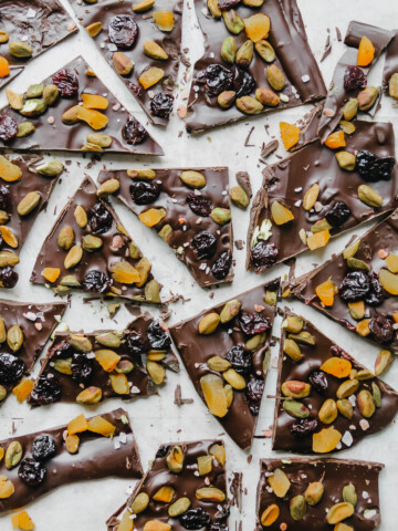 Dark Chocolate Bark with cherries, pistachios, apricots, and pink salt