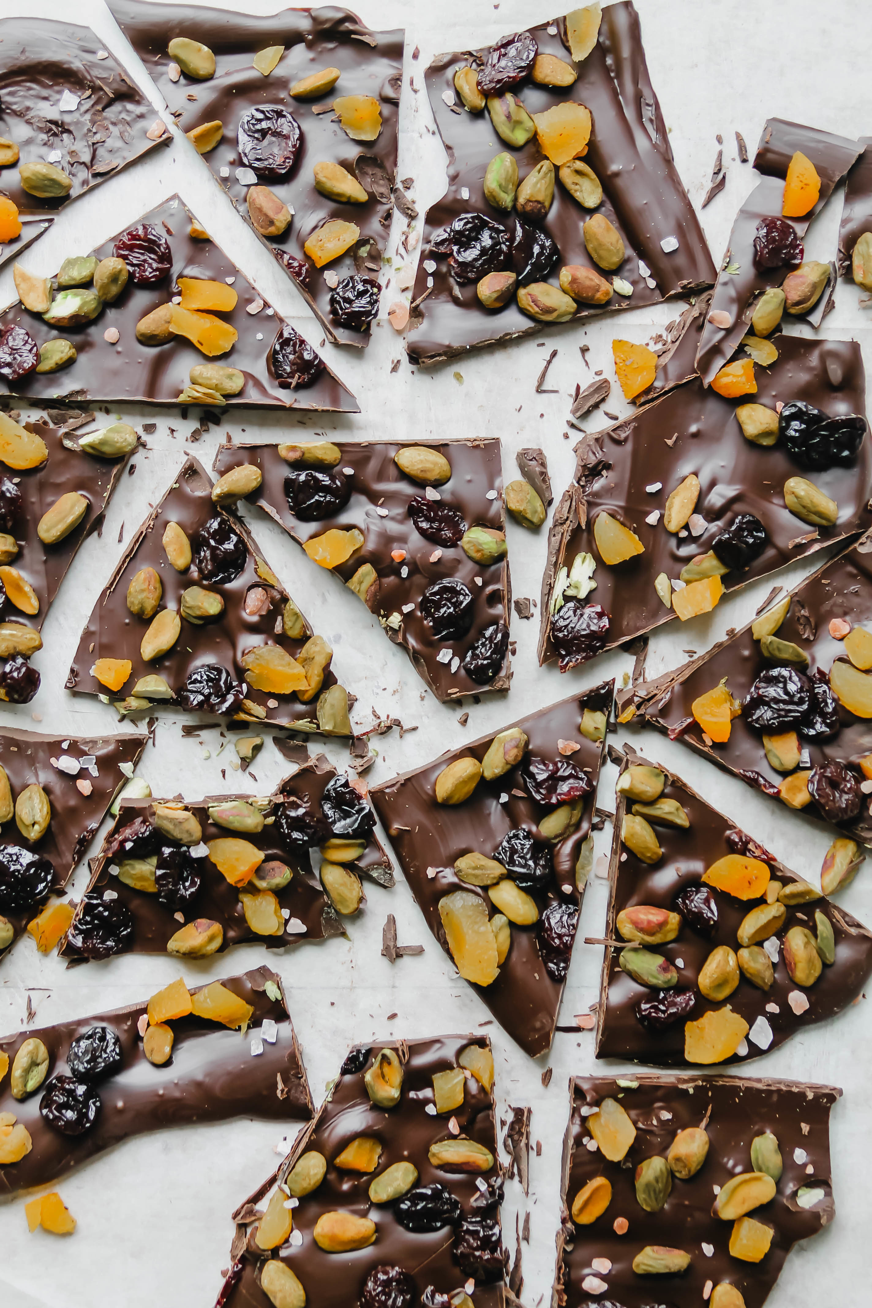 Dark Chocolate Bark with cherries, pistachios, apricots, and pink salt