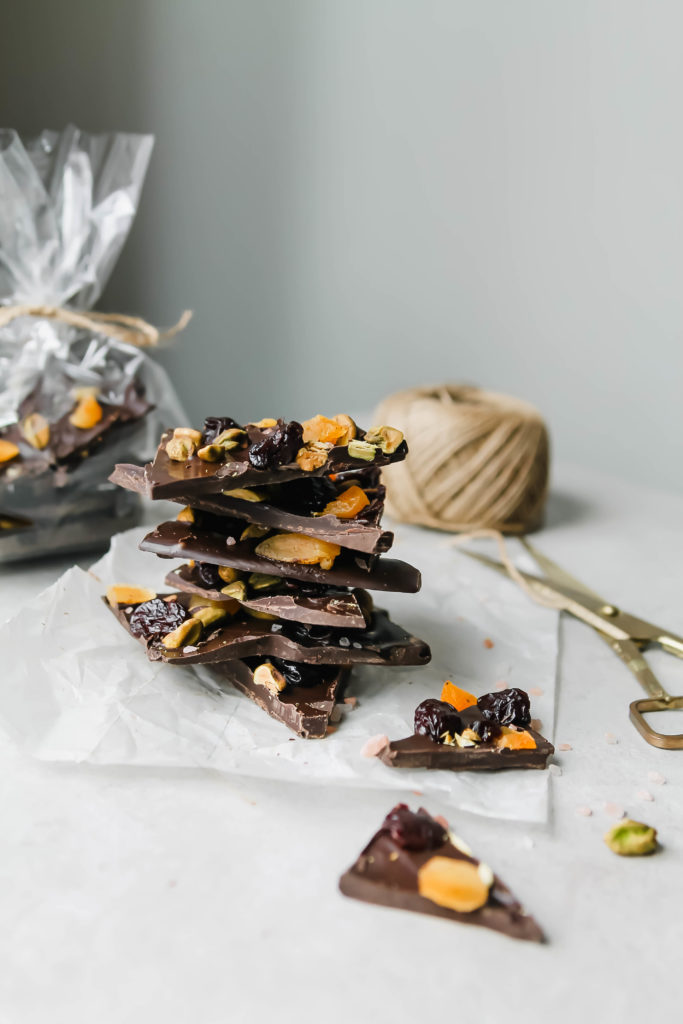 Dark Chocolate Bark with cherries, pistachios, apricots, and pink salt