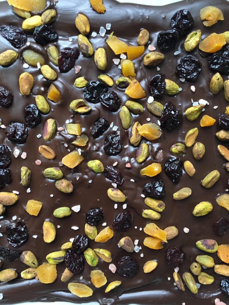 Dark Chocolate Bark with cherries, pistachios, apricots, and pink salt
