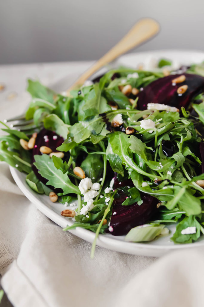 Roasted Beet and Arugula Salad with Feta and Toasted Pine Nuts