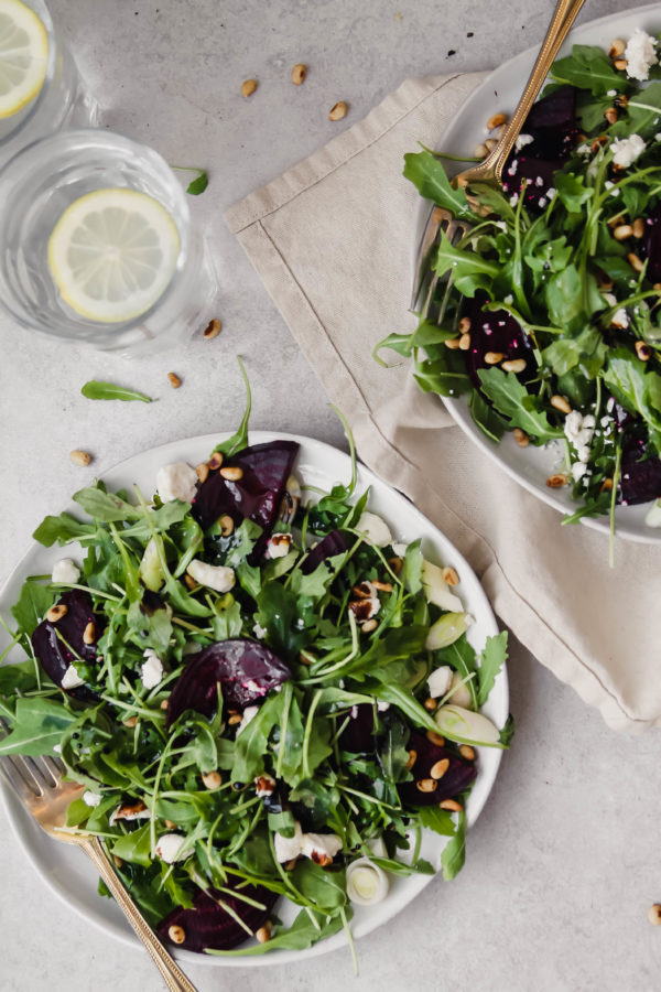 Roasted Beet and Arugula Salad with Feta and Toasted Pine Nuts