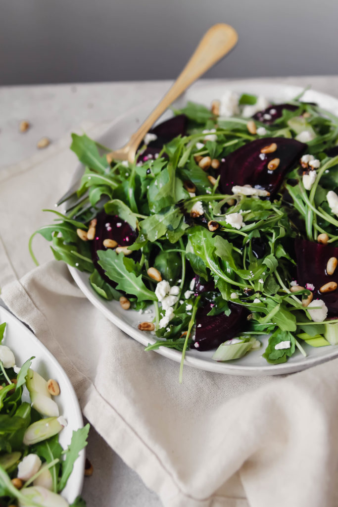 Roasted Beet and Arugula Salad with Feta and Toasted Pine Nuts