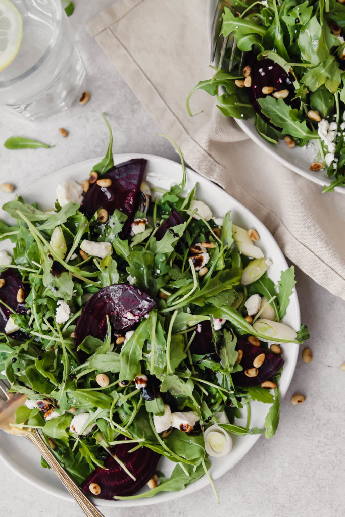 Roasted Beet and Arugula Salad with Feta and Toasted Pine Nuts