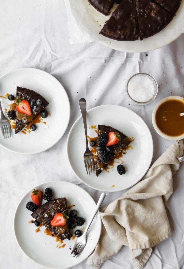 One Bowl Gluten Free Double Chocolate Torte with Salted Caramel - kosher for passover