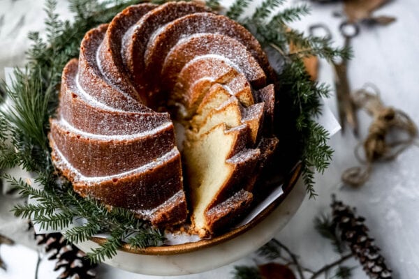 cream cheese pound cake with almond vanilla glaze